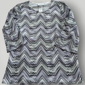 Alfred Dunner Petite Women's PM White Multi Chevron 3/4 Bell Sleeve Lined Top